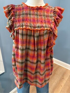 BeachLunchLounge Plaid Ruffle Smocked Boho Babydoll Top Small